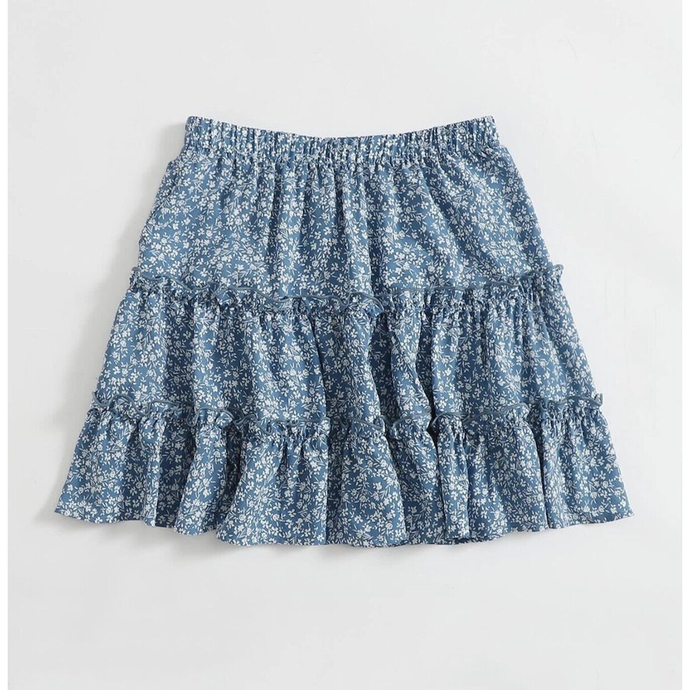Shein Layered Tiered Blue Ditsy Floral Mini Skirt XS/S Ruffle Frill Trim Boho